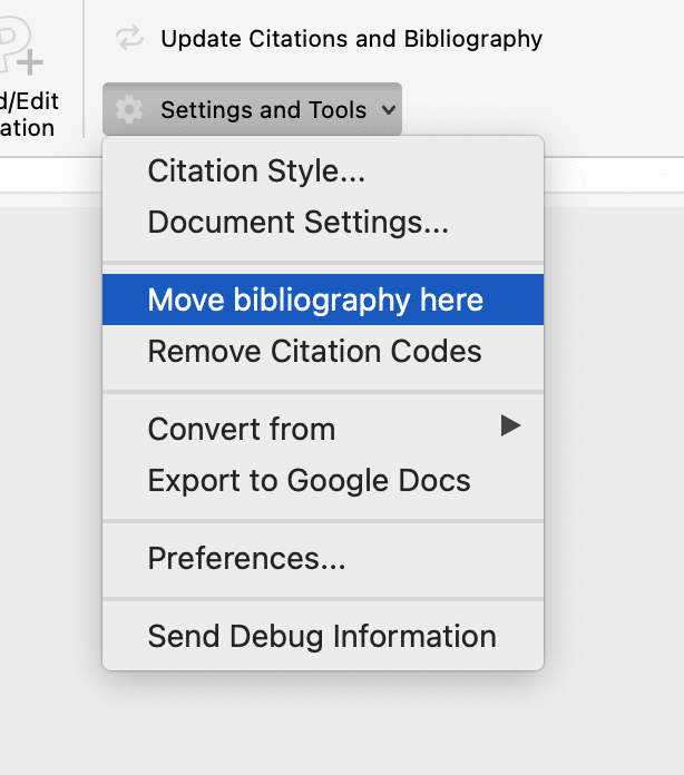 The Settings and Tools menu in Word’s Paperpile tab with “Move bibliography here” highlighted, above Remove Citation Codes, Convert from, Export to Google Docs, Preferences… and Send Debug Information.